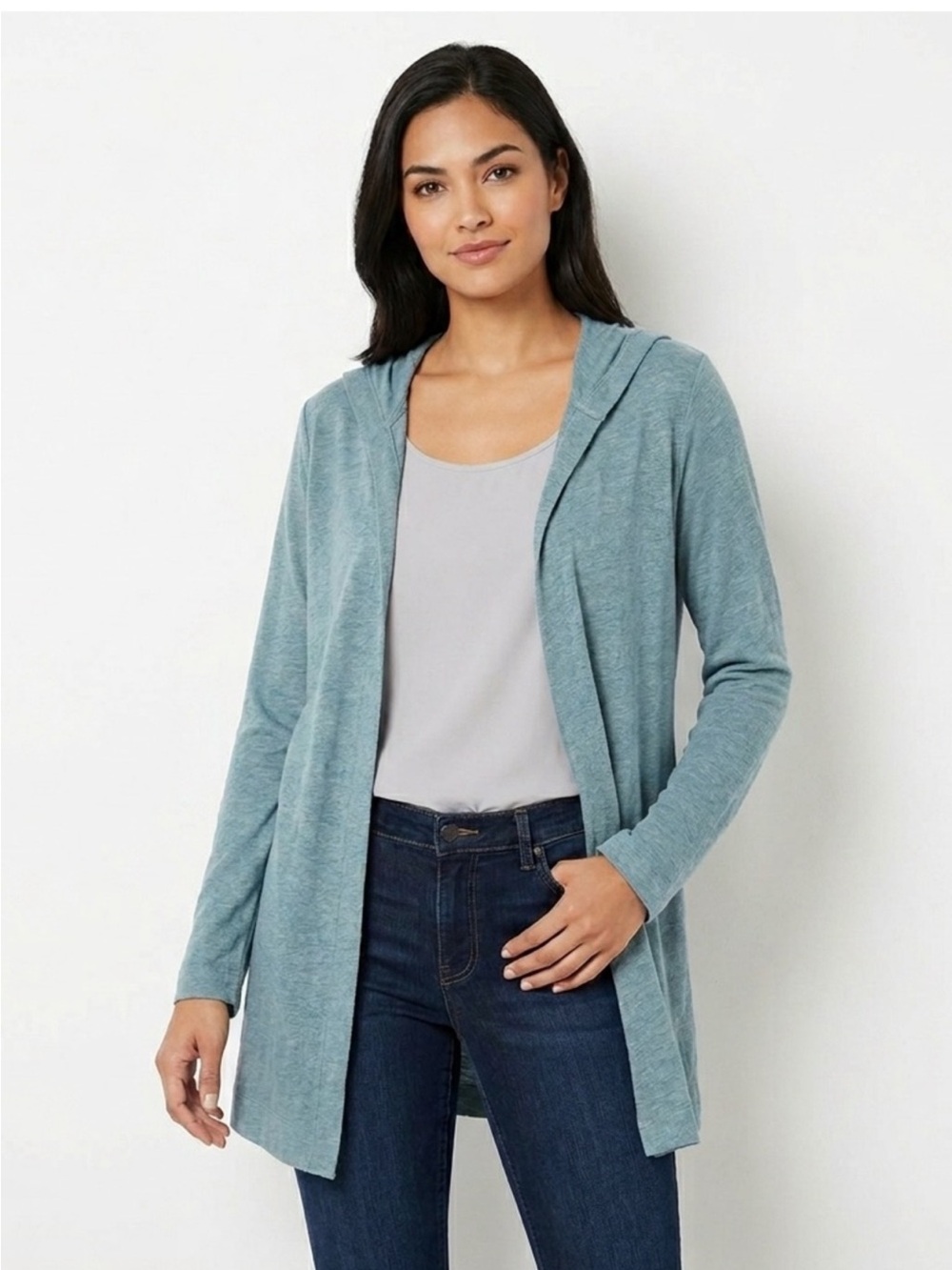 Tahari blue linen open front hoodie cardigan sweater Womens Medium